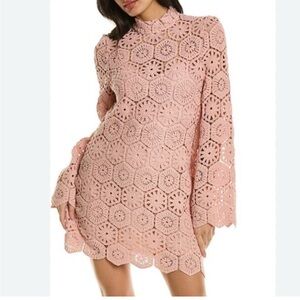 Chic Pink Crochet Long Sleeve Dress